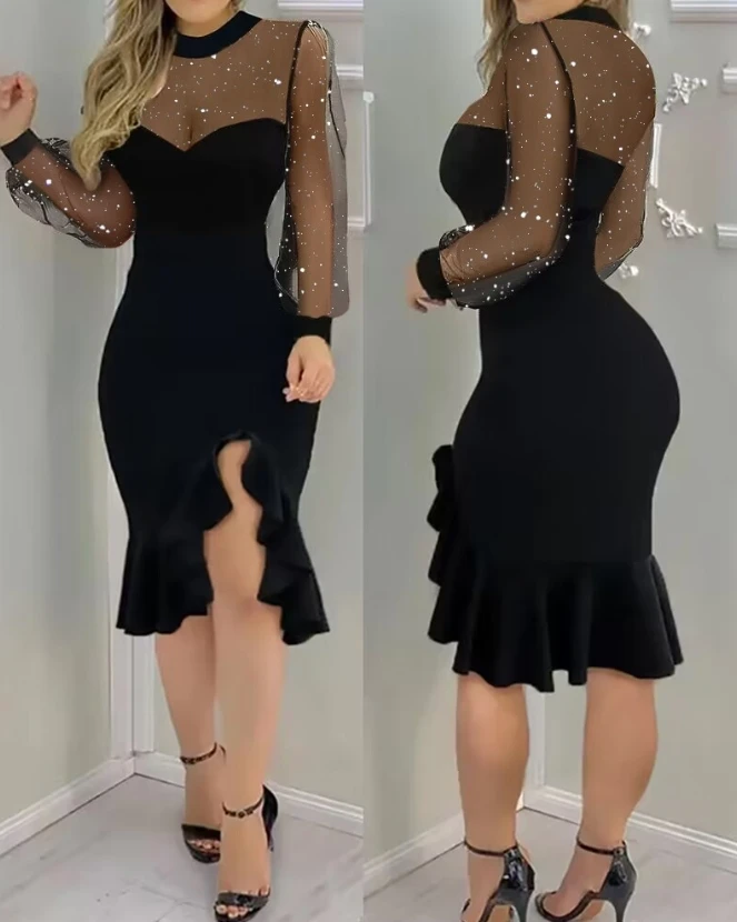 Sexy Dress for Women 2023 Sexy Hip Wrap Skirt Glitter Sheer Mesh Patch Party Dress Mesh Sleeves High Waisted Ruffled Dress