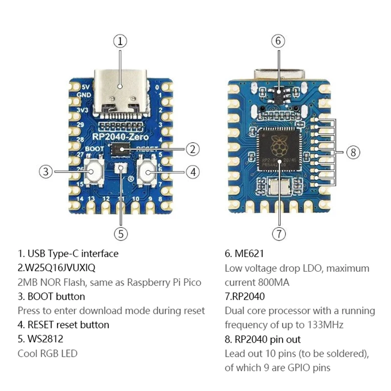Desenvolvimento Módulo Board para Raspberry Pi, Dual-Core Cortex, M0 + processador, Flash 2MB, RP2040-Zero, RP2040, Pico microcontrolador