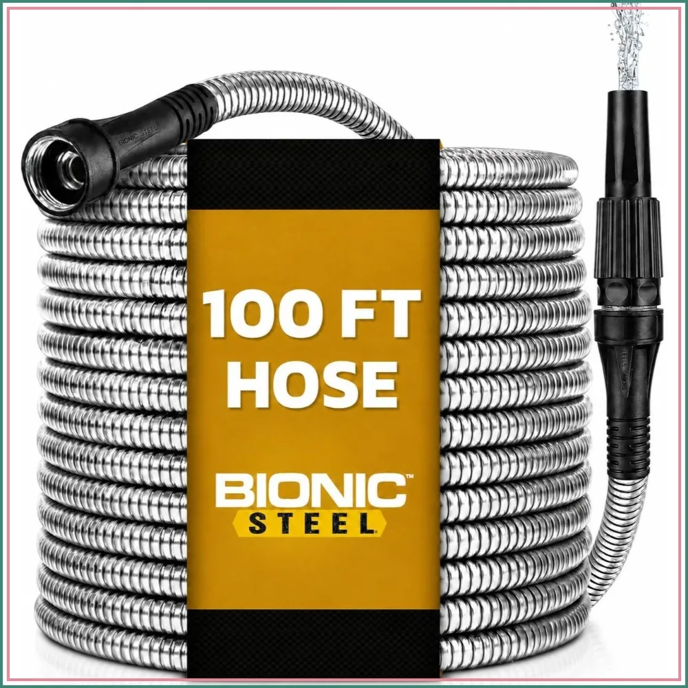 100FT Metal Garden Hose with Sprayer Nozzle - Non Kinking, Stainless Steel, Heavy Duty, 5/8in, 500 PSI