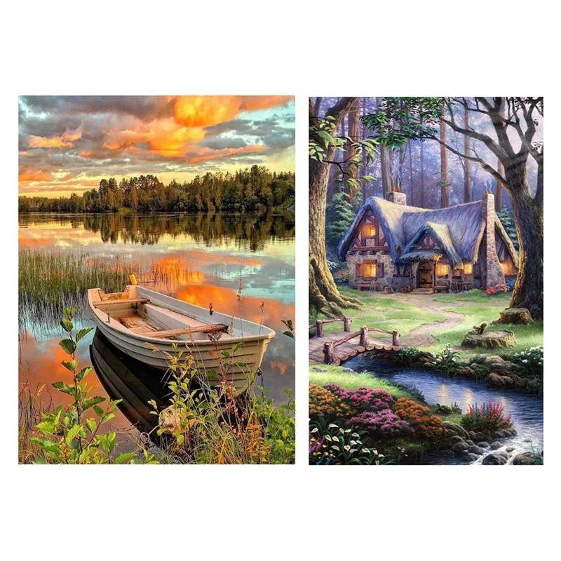 2Set DIY Round Diamond Diamond Painting Exquisite Diamond Painting Set, Landscape Sailboat & Cabin In The Forest