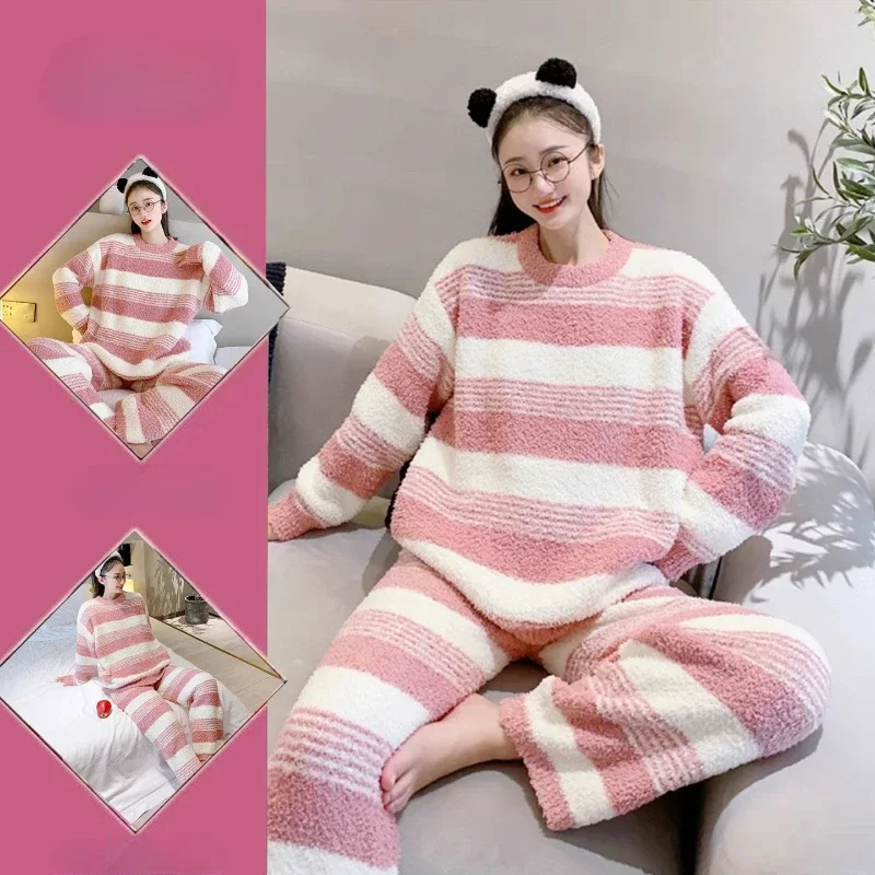 Rainbow Striped Half Velvet Pajamas for Women Winter New 2024 Thick Warm Sweet Student Home Wear Set Simple Comfortable Outside