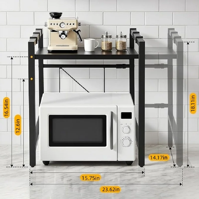 Expandable Adjustable Microwave Oven Rack Heavy Duty Metal Kitchen Countertop Storage Organizer Space Saver Shelf With 6 Hanging Hooks Multifunctional Seasoning Utensil Holder For Small Apartment Kitchen Counter Storage