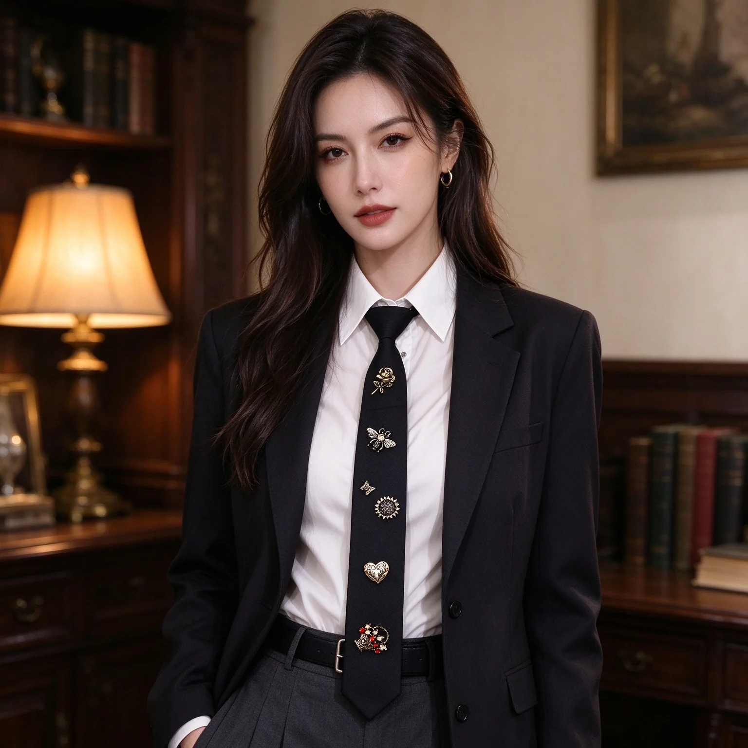 Temperament Alloy Vintage Flower Fabric Tie Black Bee Insect Rhinestone Necktie Trendy Elegant Style Jewelry Female Accessory