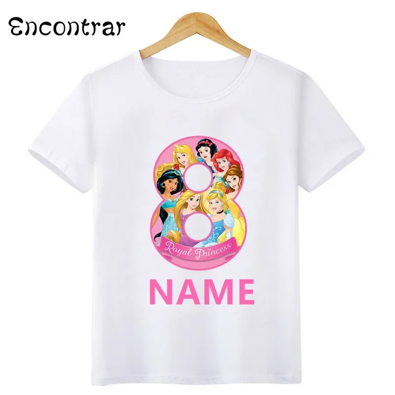 Disney Princess Number Bow Print T shirt Kids Clothes 1 2 3 4 5 6 7 8 9 Years Birthday Girls Customize Name T-Shirts Baby Tops