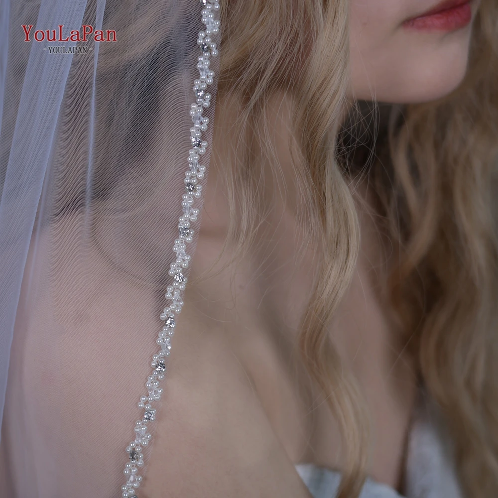 YouLaPan Pearl Rhinestone Edged Bridal Glitter Veil Wedding Velos De Novia Lujo Beaded Veil For Bride Wedding Customizable v196