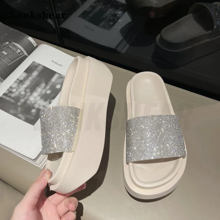 Thick-Soled Slippers Women's Rhinestone Summer New One-Word Belt Beach Slippers Muffin Wedge Heel Open-Toed Slippers for Women