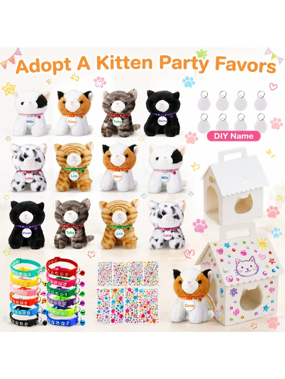 6-30er-Set „Adoptiere ein Kätzchen“-Partygeschenke, Katzen-Stofftiere in Großpackung, verstellbares Halsband, ID-Karte und DIY-Katzenhaus für Geburtstags- und Babypartys