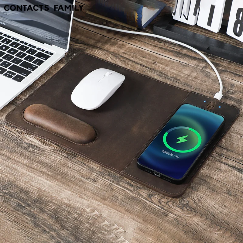 Crazy Horse Leather 15W Wireless Charging Mouse Pad with Ergonomic Wrist Support Durable Water-Resistant Genuine Leather for Com