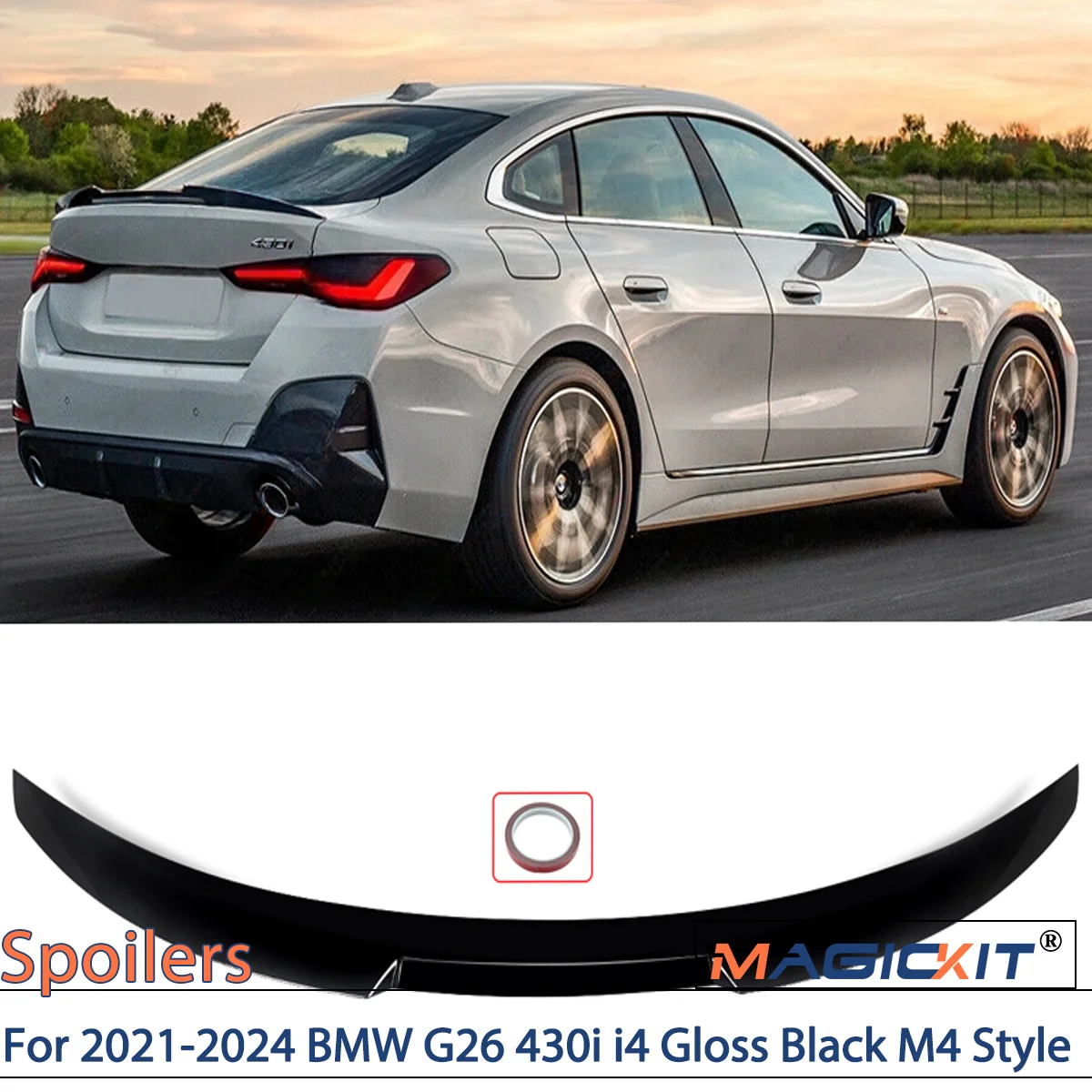 For 2021-2024 BMW G26 430i i4 Gloss Black M4 Style Highkick Rear Trunk Spoiler Accessories Rear Spoiler Lip Double Side Tape