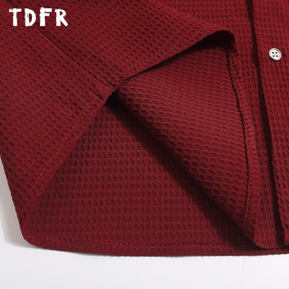 Button Decoration Short Sleeve Shirts Mens Summer Solid Color Streetwear Loose Waffle texture Shirts Men