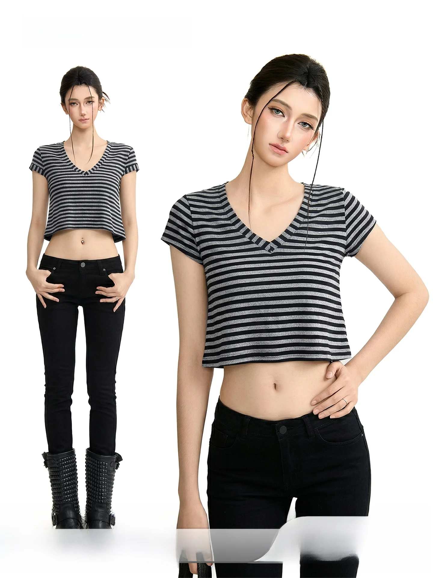 

Женская футболка Slim Fit с коротким рукавом, V-образным вырезом и полосками, укороченная, в американском стиле Hot Girl, топ CCUP SPACE, летняя мода для женщин