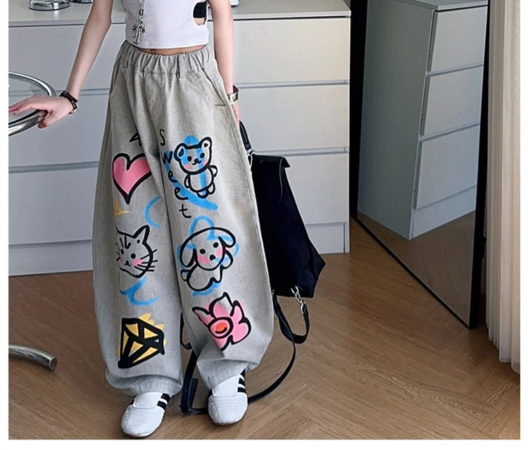 American Girl Baggy Washed Jeans Kinder Retro Harajuku Cartoon Print Denimhose Kinder Hip Hop Streetwear Hose mit Zeichnungen – Detail 10