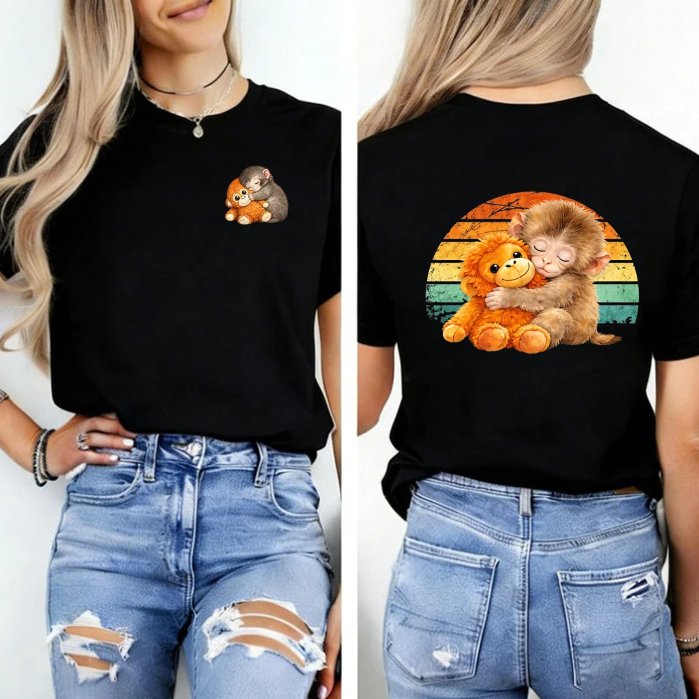 Team Punch Hugging Plush Front Collage Back Graphic T-Shirt Baby Monkey Playful Retro Whimsical Casual Short-sleev Shirt Tops