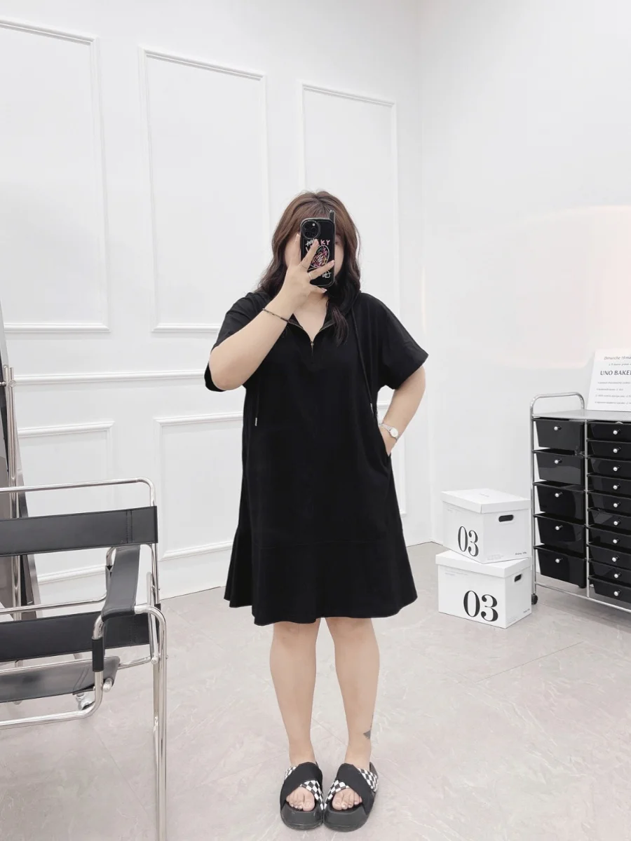 T-shirt à capuche pour femme grande taille Dr Summer New Sle T-shirt mi-long ort-savé dissimulant la viande Dr coréen Sle ro...