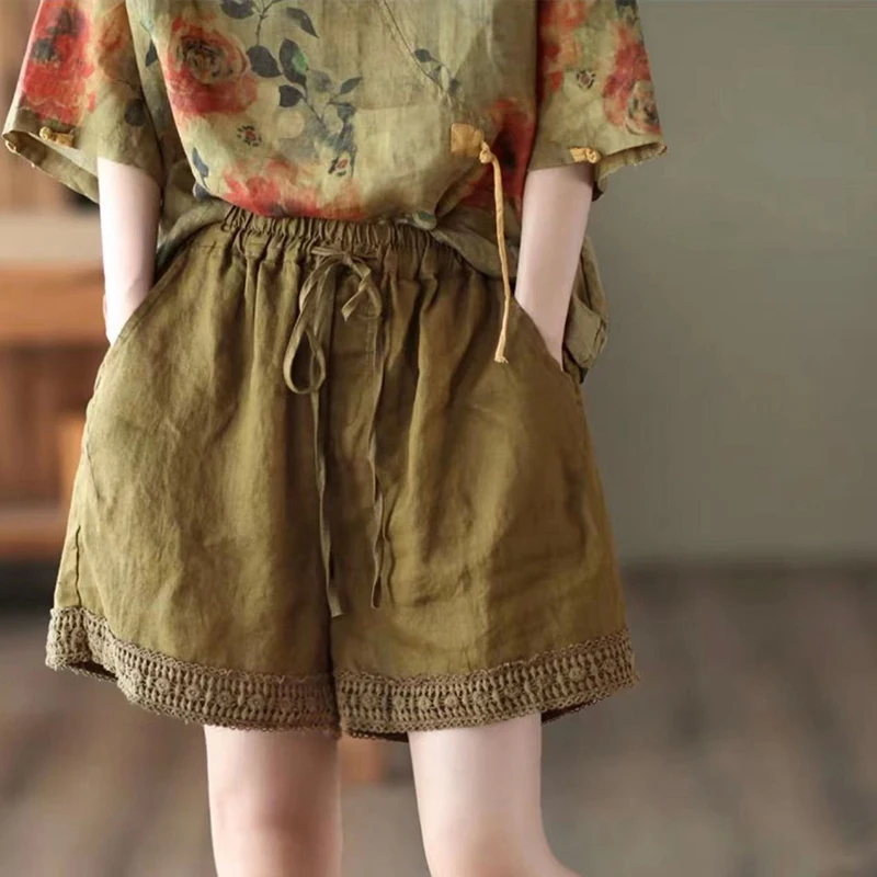 Fashion Solid Color Spliced Lace Elastic High Waist Casual Shorts Women's Clothing 2024 Summer New Loose All-match Shorts