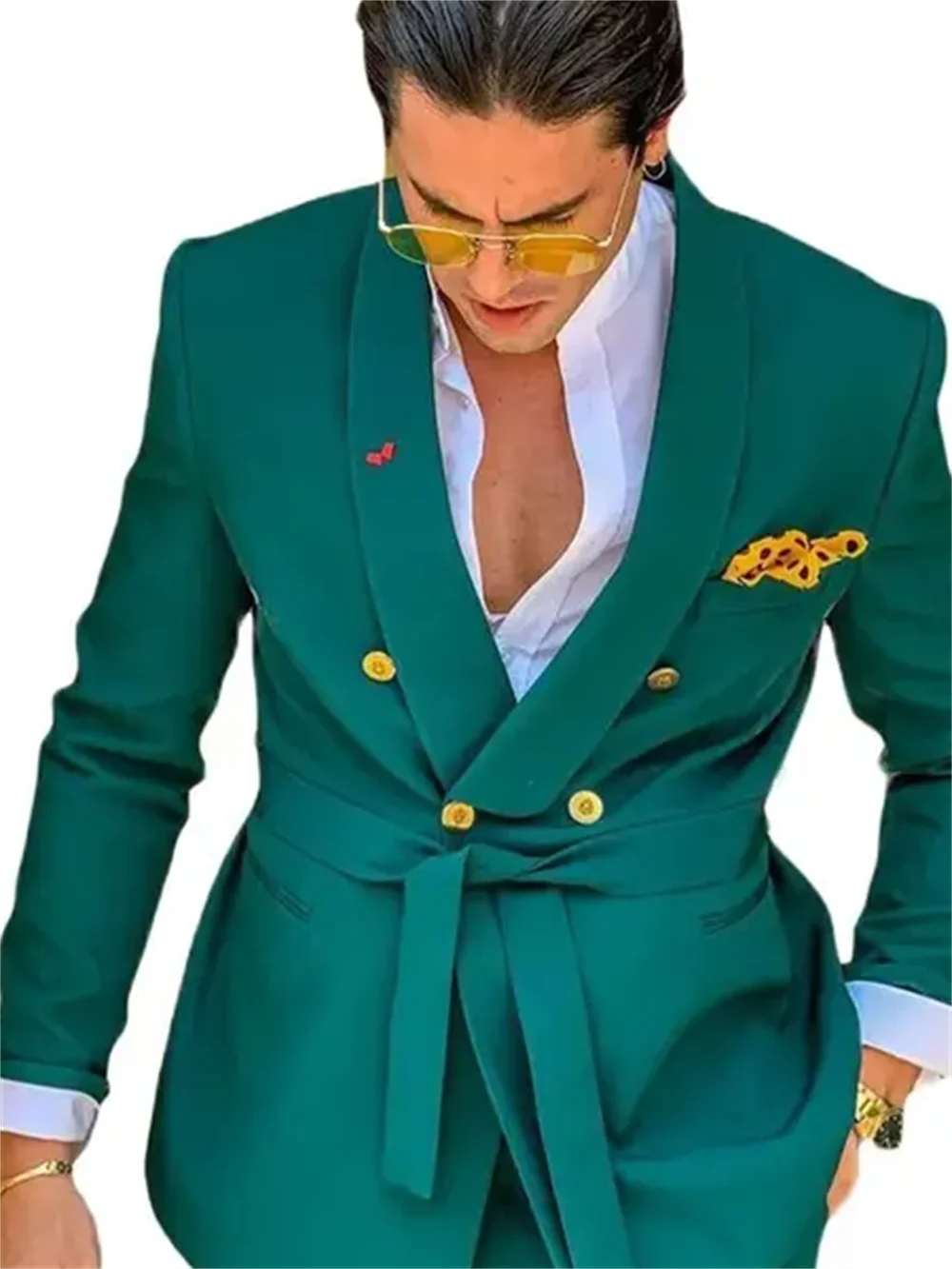 2 PCS Green Men Suits Slim Fit Double Breasted Shawl Lapel Formal Wedding Tuxedo Set  Traje Americana Hombre