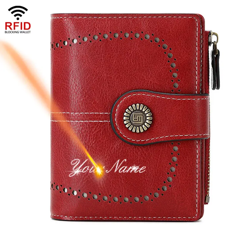 

2024 New Short Rfid Women Wallets Name Engraved Zipper Hasp Coin Pocket Women Purse Quality PU Leather Card Holder Female Wallet