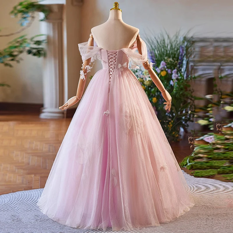AnXin SH princess pink flower lace boat neck beading pearls butterfly ruffles lace up ball gown customized wedding dress