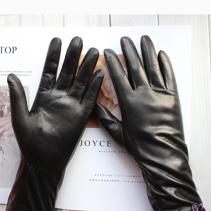 High Quality Imported Goat Leather Long Gloves Women Fashion Embroidered Pattern Winter Warm Velvet Lining Black Sleeves