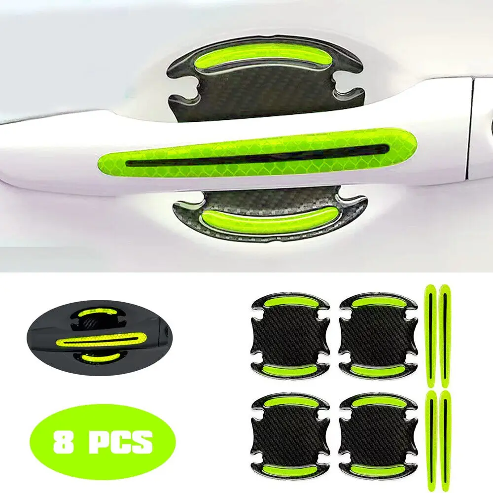 

8Pcs Green Reflective Stickers Car Door Handle Protector Film Anti-Scratch Badge Car Accessories