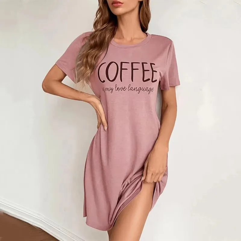 

Womens Pajamas Milk Silk Coffee Print Short Sleeve Nightdress