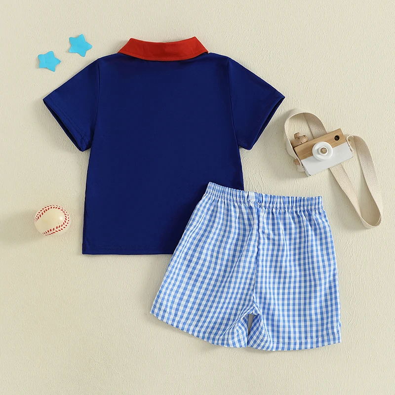 تي شيرت للأطفال الصغار في الرابع من يوليو بأكمام قصيرة وطية صدر مطرزة على شكل نجمة مع شورت منقوش بخصر مطاطي #3