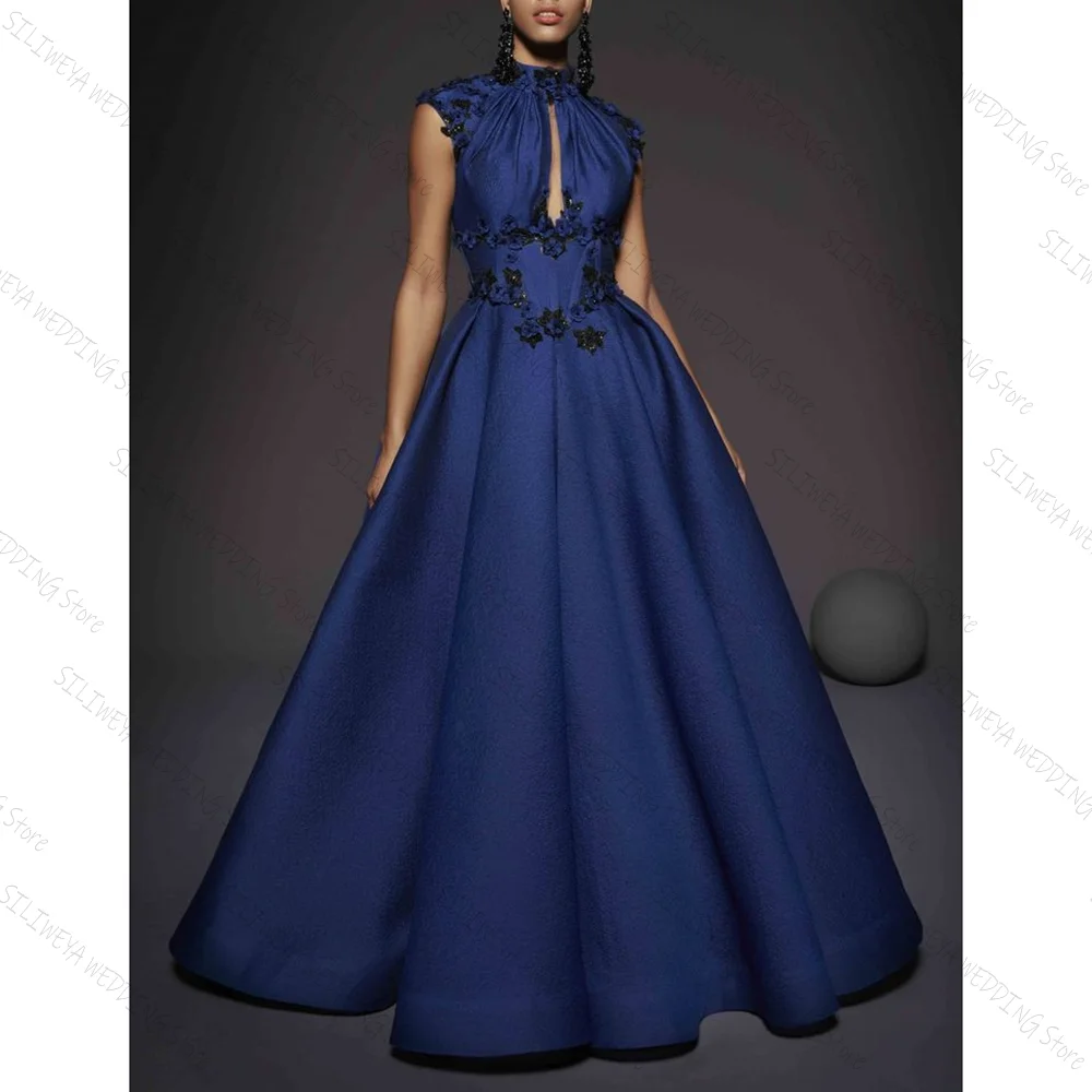 

Elegant Simple Blue High Neck A-Line Evening Dress Chic Prom Gown Robes De Soirée Customized Dresses