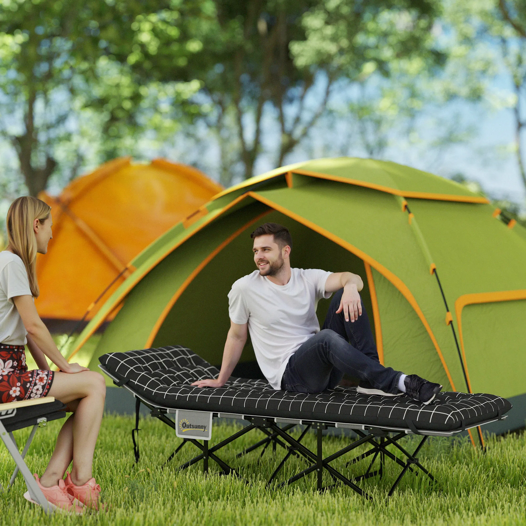 Cama plegable para acampar, colchón, ergonómica, estructura metálica, negra