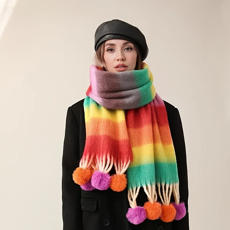 

Нечеткий шарф цвета допамина для женщин, плюшевая полосатая накидка бесконечности с помпонами и кисточками, термошаль на осень-зиму