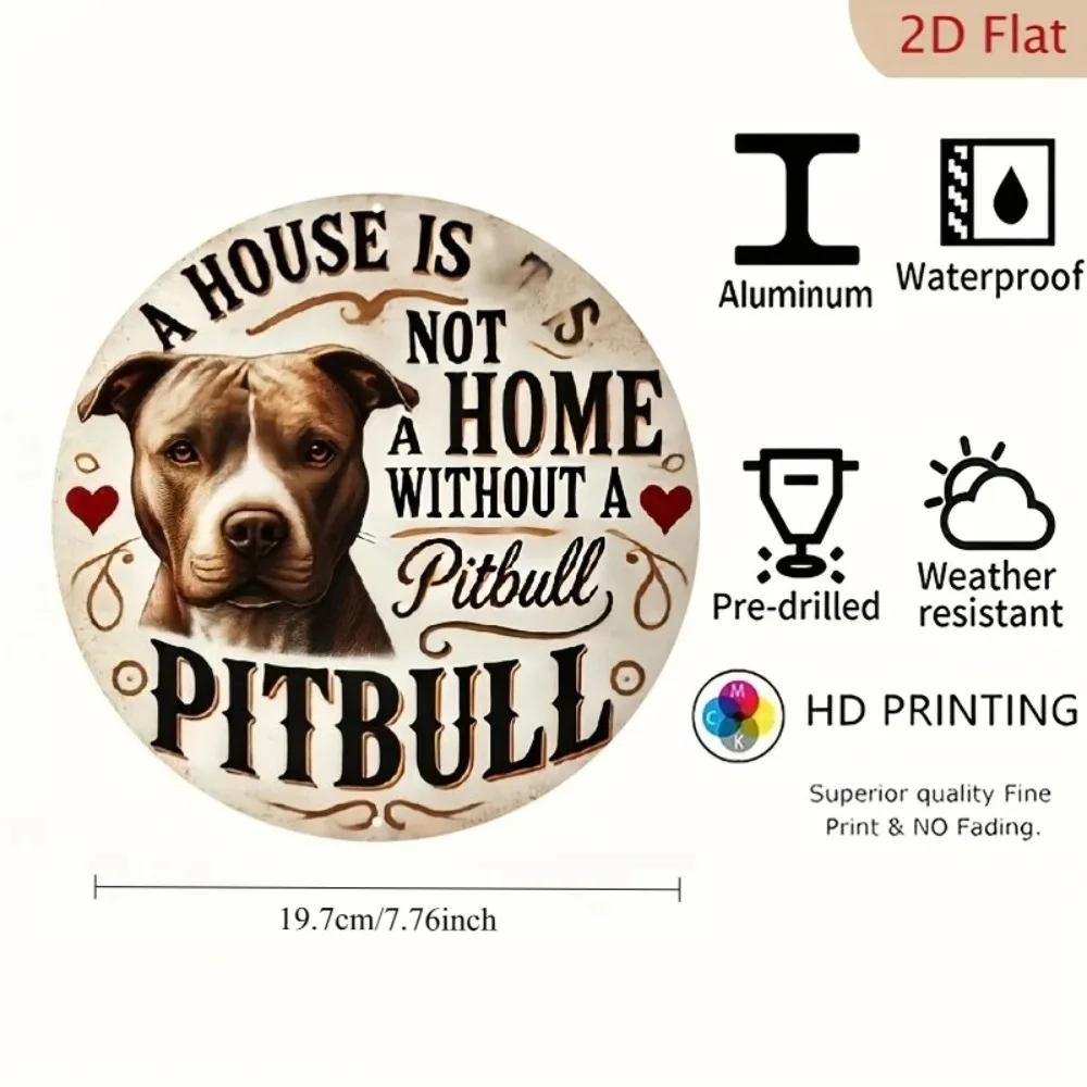 Placa Hierro Redonda Plana 2D Decorativa Perro Pitbull, Adorno Mural Estilo Rústico con Patrones Decorativos Corazón y Espiral