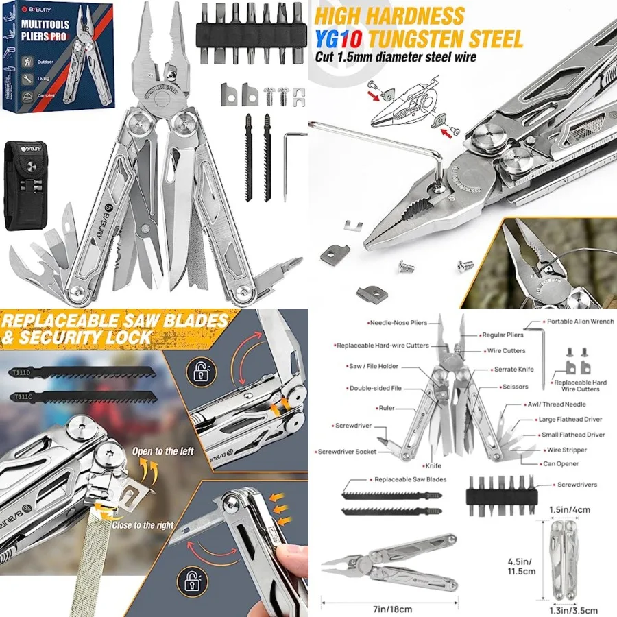 

Multitool Pliers Pro BI2045, Stainless Steel Multi Tool Pliers with Replaceable Wire Cutters and Saw, Foldable Multitools with