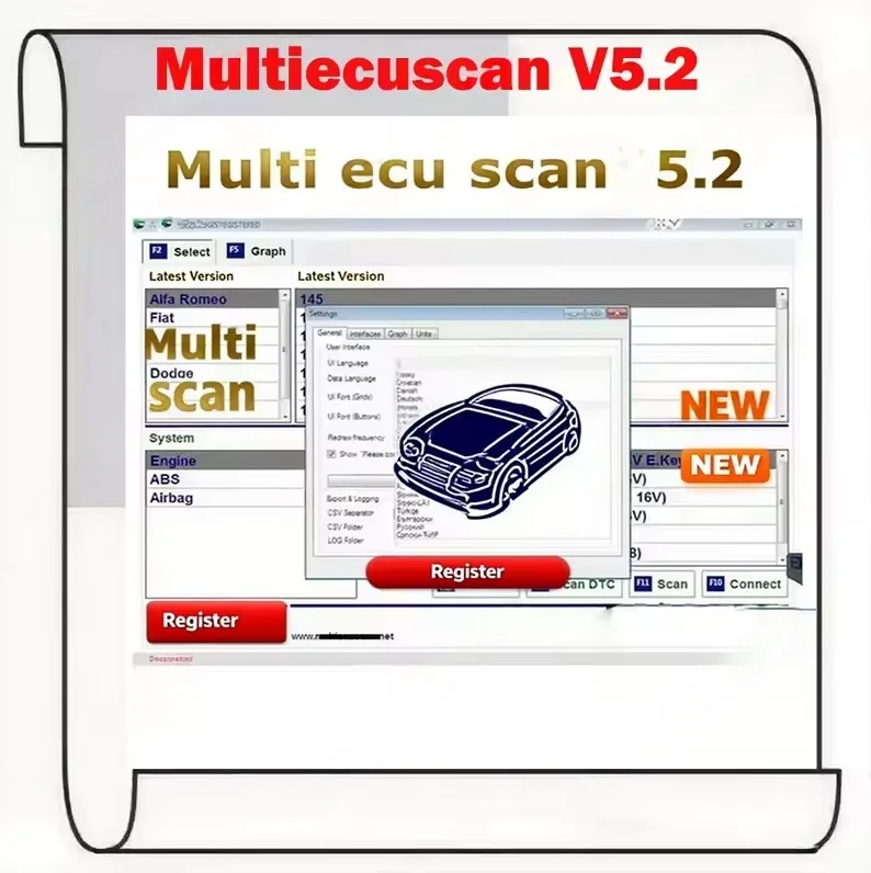 Популярное программное обеспечение Multiecuscan V5.2 для сканера Fiat/Chrysler/Dodge/Jeep/Suzuki 2025 года, работает для плоского адаптера ELM327, зарегистрированный, неограниченный