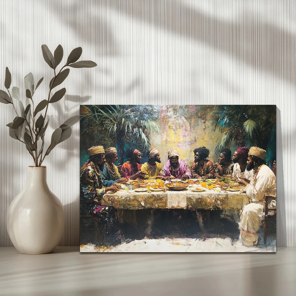 1pc,The Last Dinner, With One Person Sitting Alone At Each End D, Modern Canvas Wall Art, Holiday Gift, Framed, 16x12inch