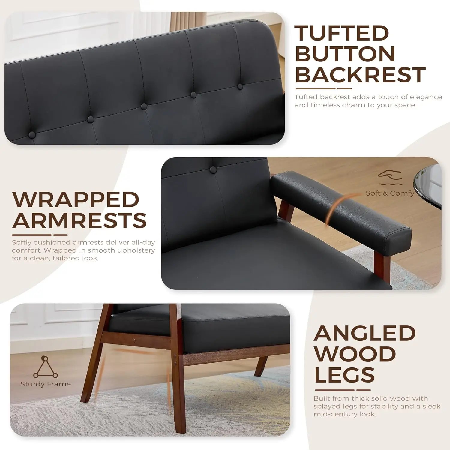 أريكة جلدية بمقعد الحب، أريكة بمقعدين صغير حديث لمنتصف القرن مع أذرع خشبية، أريكة بمقعدين للمساحات الصغيرة، Livi #5