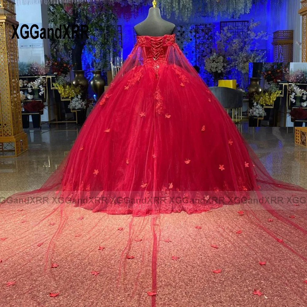 Vestido de fiesta personalizado, vestidos de quinceañera rojos, escote en forma de corazón con hombros descubiertos, Apliques de encaje, capa larga, vestido dulce 16, vestidos de princesa 2024