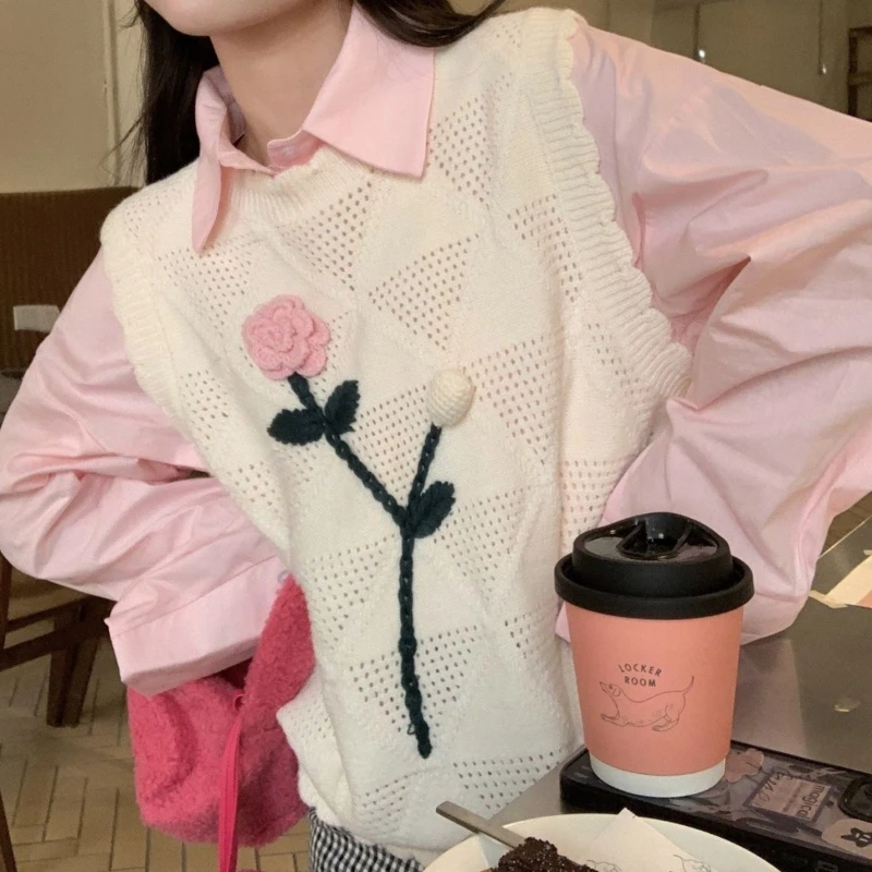 

Sweet 3d Flower Embroidery Knitted Vest Women Round Neck Hollow Out Sleeveless Pullover Autumn Versatile Y2k Sweater