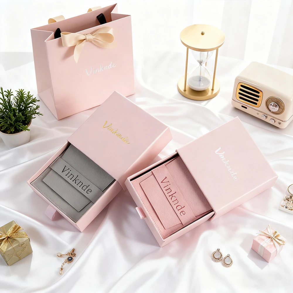 

Custom Rigid Slide Drawer Packaging Box 9x9x2.5cm Luxury Microfiber Jewellery Gift Bag Necklace Earrings Storage Boxes Pouches