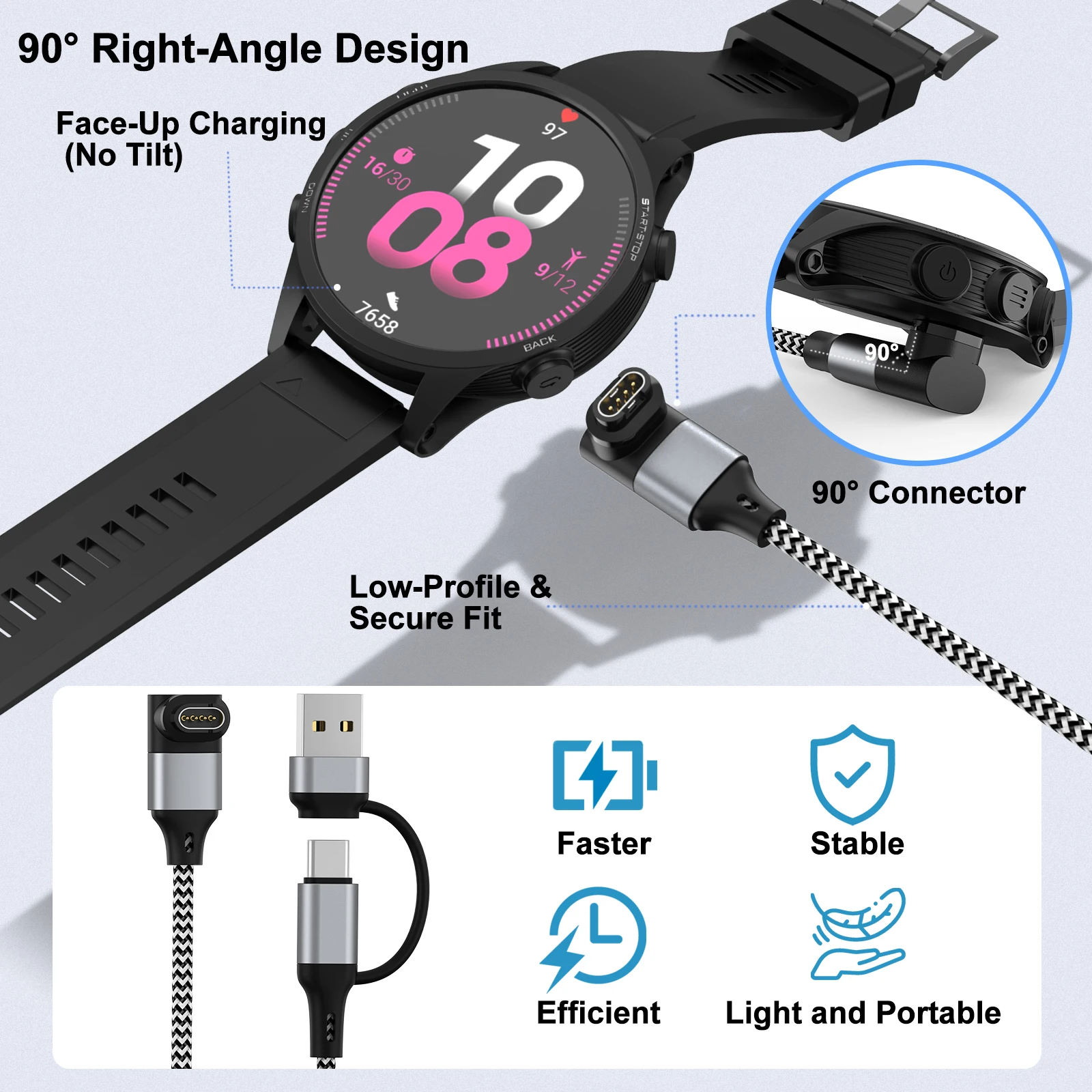 كابل شحن USB من النوع C من النايلون لـ Garmin Fenix 8/E/7/6/6X/6S/5X/5 /5S Venu2/VenuSq2/3/3S Vivoactive4/4S/3 Approach S70/S62