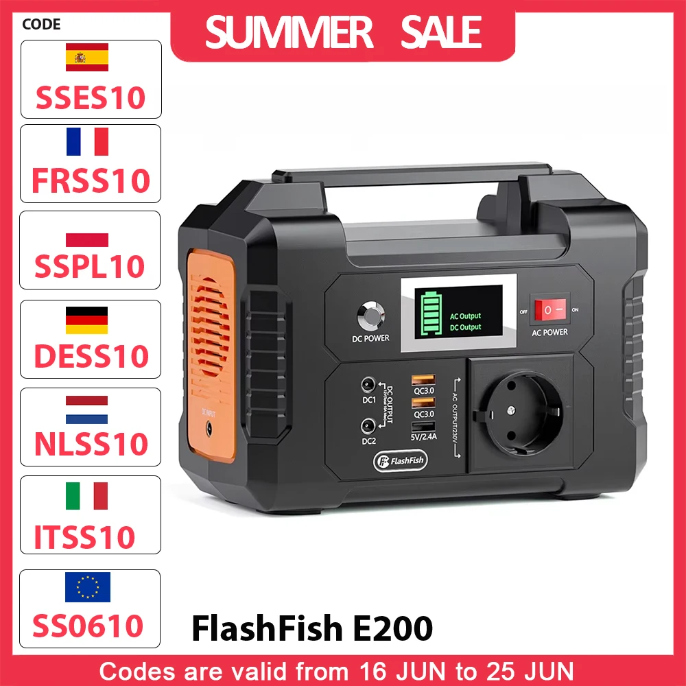 FlashFish E200 200 W tragbares Kraftwerk, 151 Wh Lithiumbatterie, 1 x reine Sinuswelle, AC220 V-Ausgang für Wohnmobil, Camping, Van