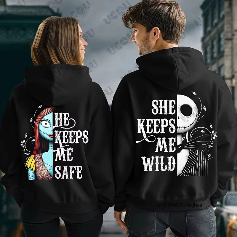 

Halloween Autumn Winter Disney The Nightmare Before Christmas Sally & Jack Print Couples Hoodies For Men Women Oversized Tops