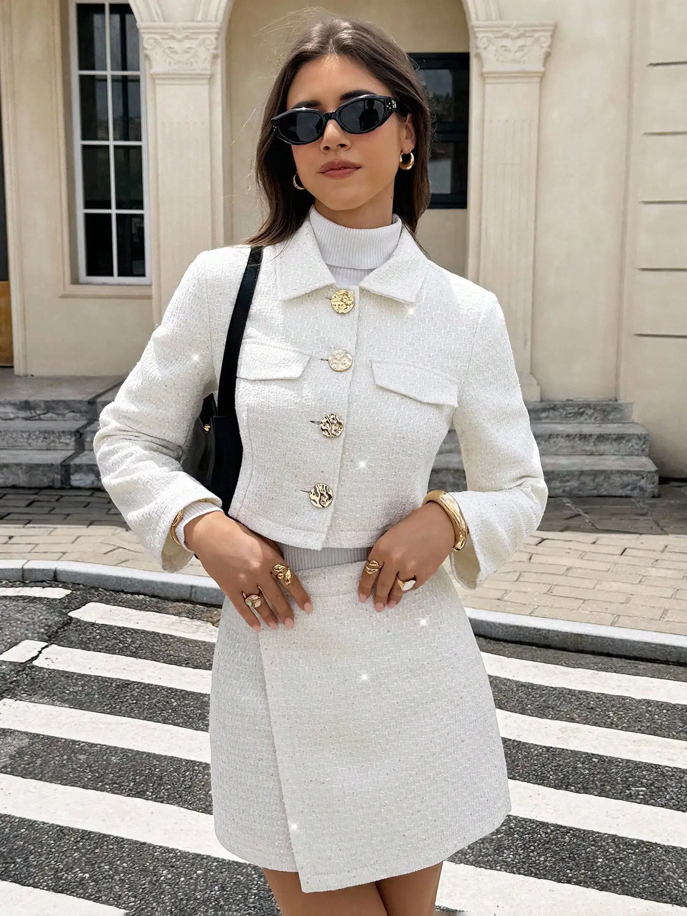 Beige Tweed Texture 2-Piece Set: Cropped Jacket with Gold Buttons & A-Line Skirt