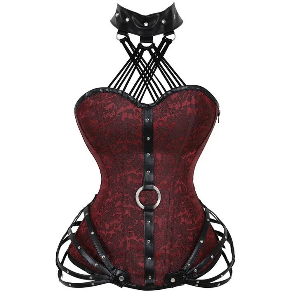 

Women Corset with Halterneck Burlesque Gothic Vintage Overbust Bustier Jacquard Corsets Zipper Top Steampunk Corselet