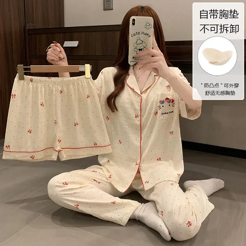 Hello Kitty Women's Pajamas Three-Piece Short-Sleeved Suit with Chest Pad Shorts Comfortable Home Clothes Can Be Worn Outside view 6