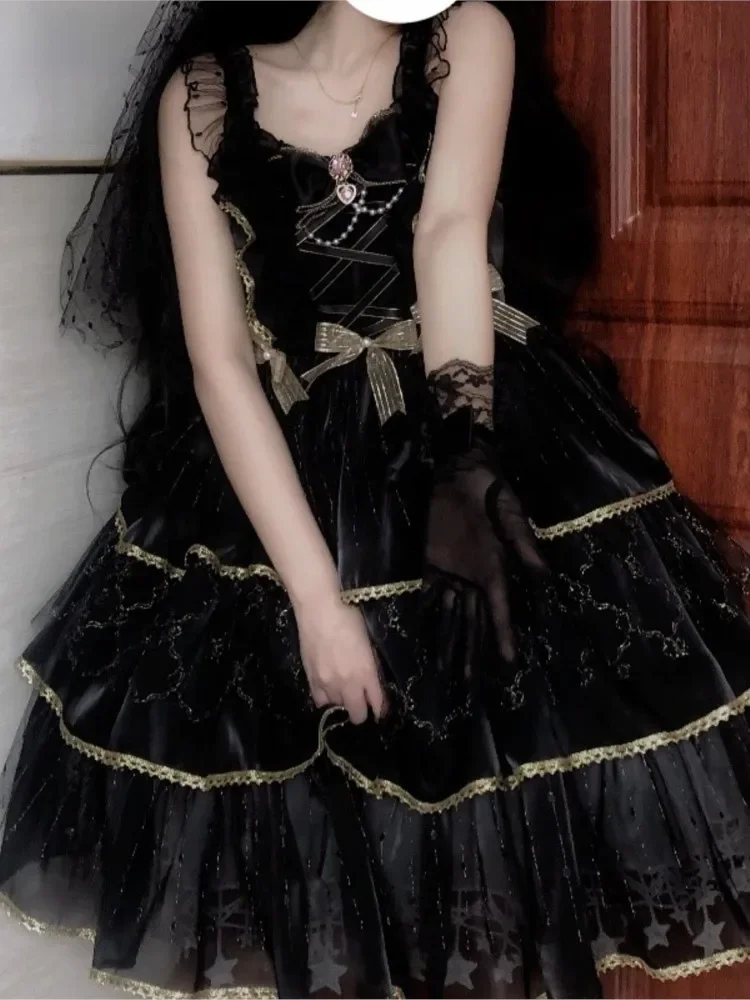 Hstar Summer Sweet Lolita Jsk Dress Women Elegant Lace Bow Ruffles Flowers Wedding Girly Love Poems Party Princess Slip Dress