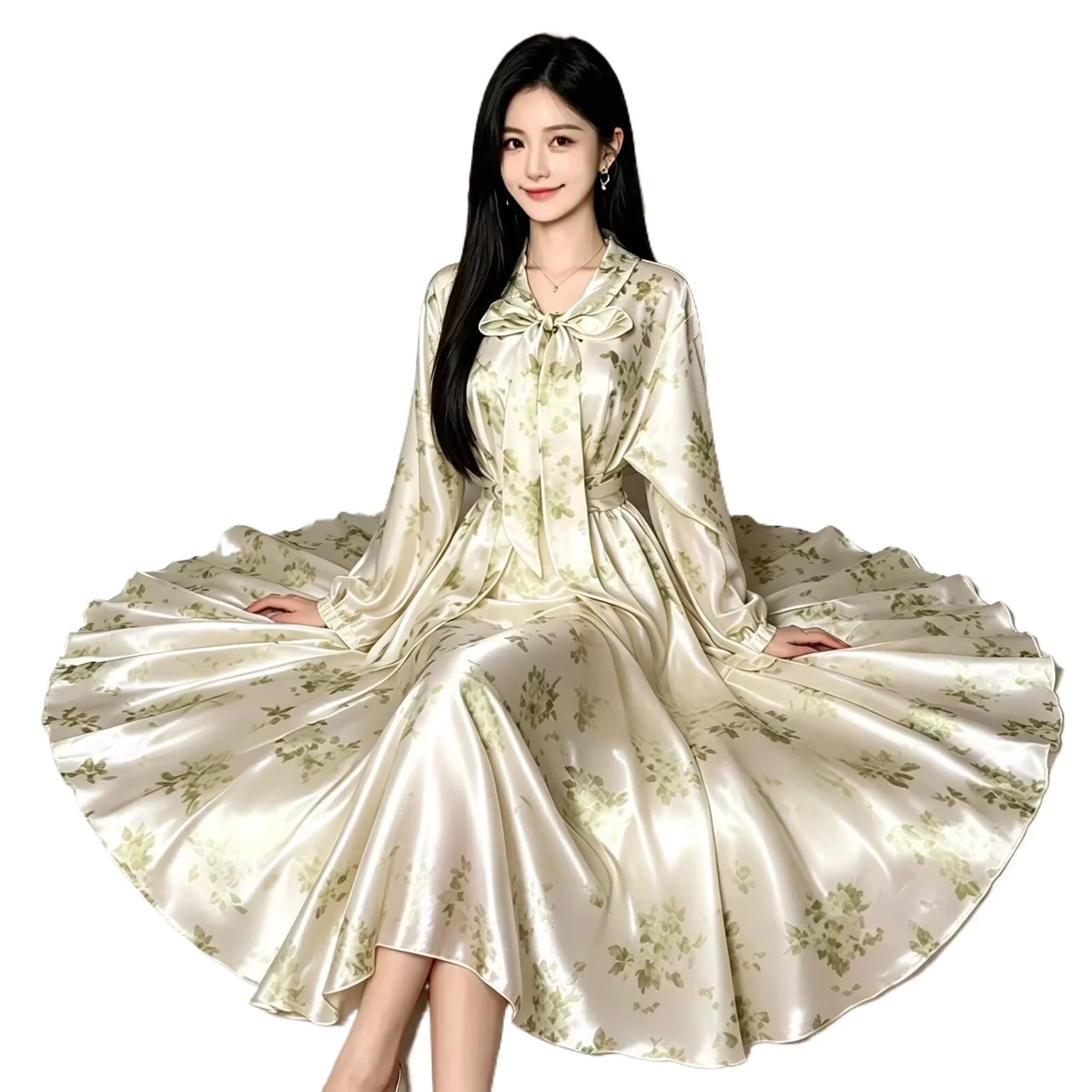 

1.3-1.6m Length Sexy Women Glossy Satin Long Dress with Belt Long Sleeve Pleated Loose Silk Maxi Dress Sleeping Robe Sissy Costu
