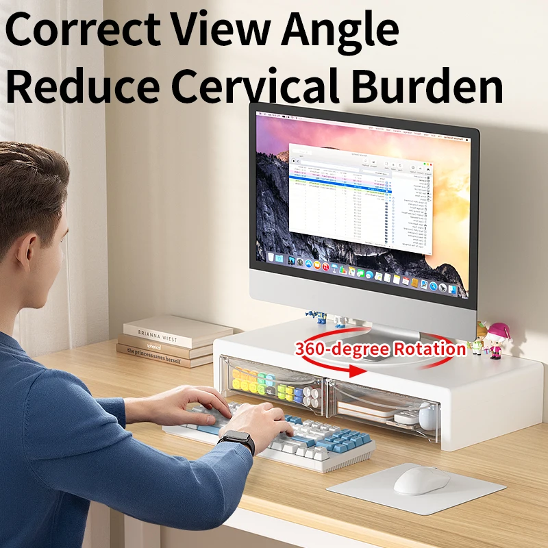 2-Tier Monitor Stand, Plastic Monitor Riser with Drawer, Desktop Storage Rack, Suitable for Home and Office Use