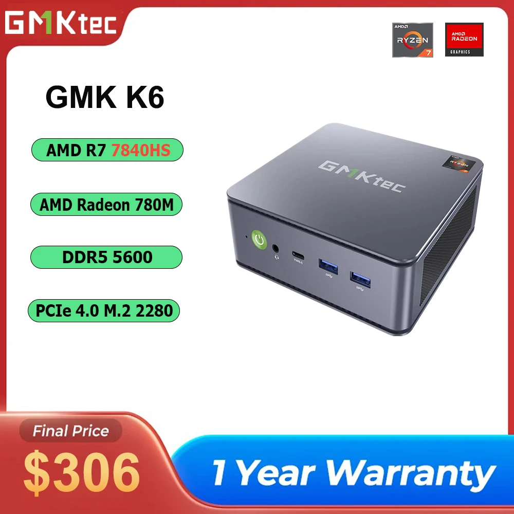 GMKtec-Mini PC de jeu K6, ordinateur de bureau AMD R7 7840HS, 8 cœurs, 16 fils, 16 Go, 32 Go DDR5, 512 Go, 1 To SSD