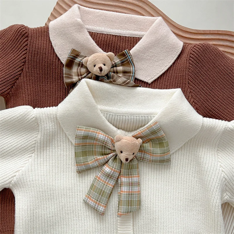 2023 Autumn Winter Girls Clothing Set Cartoon Bear Bow Decoration Knitwear+Stripe Pleated Skirt 2Pcs For 2-6Y Kids Casual Suit