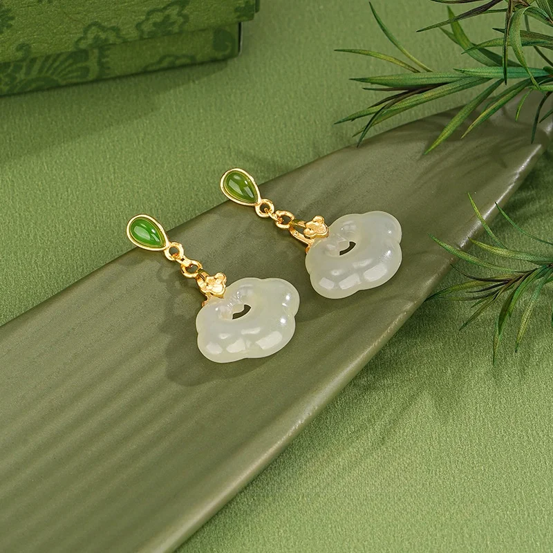 F.I.N.S Elegant Hotan Jade S925 Sterling Silver Ruyi-Shaped Lock Earrings for Women Chinese Style Stone Drop Ear Fine Jewelry