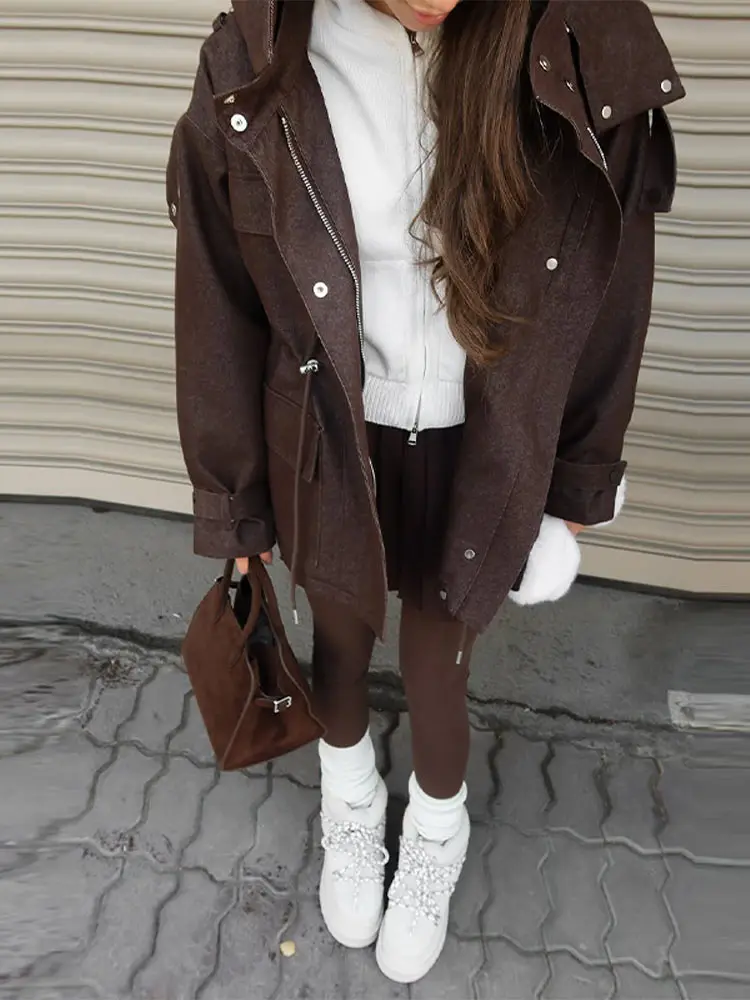 Kapuzenjacke mit Mehreren Taschen und Kordelzug für Damen, Streetwear-Stil mit Stehkragen, Epauletten, Langen Ärmeln, Locker Geschnittene Mäntel, Schicke Damen-Oberbekleidung – Detail 17